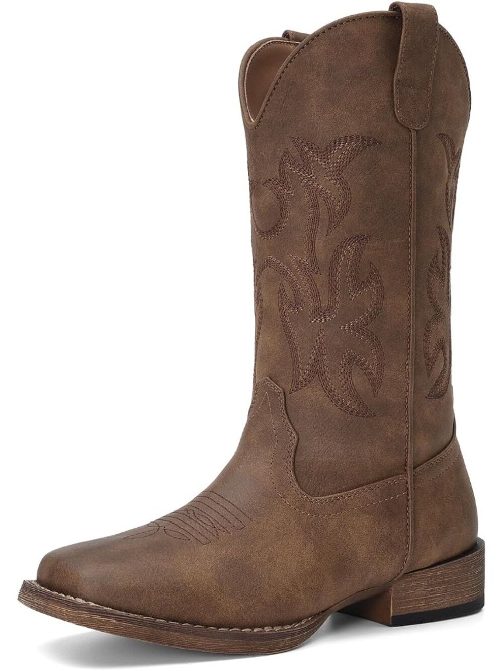 Women All Brown Pull-On Square Toe Mid Calf Embroidered Stitched Retro Boot